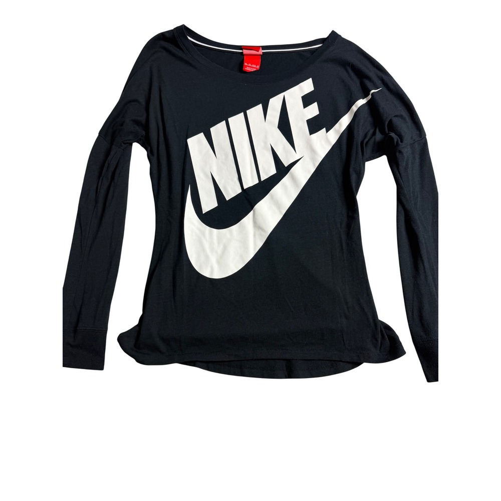 Nike Womens Long Sleeve Graphic T-Shirt Black White Futura Logo XS Scoop Neck